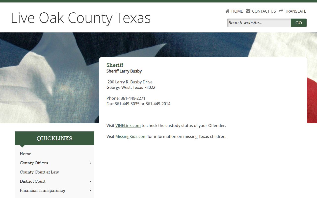 Live Oak County arrest lookup contact on the Sheriff and jail page