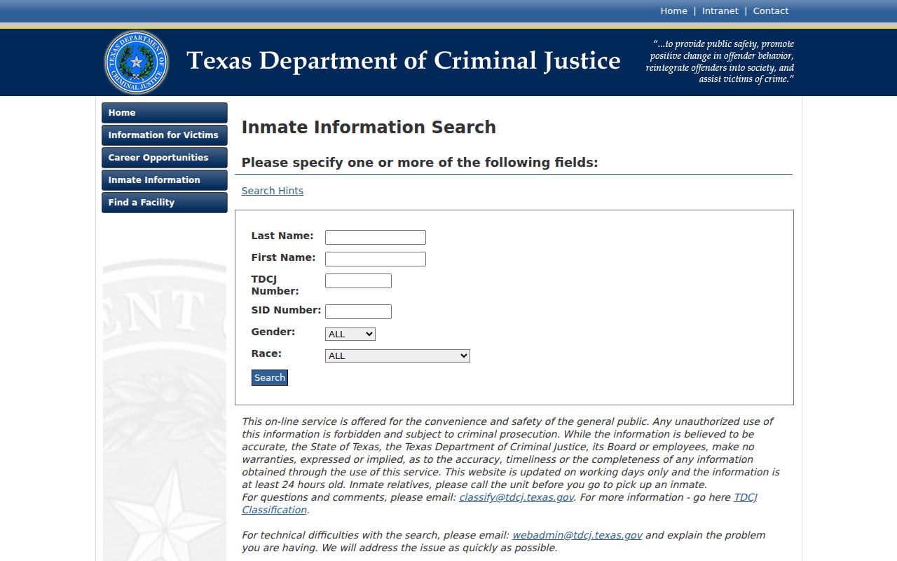 TDCJ inmate search after a Live Oak County arrest and state transfer