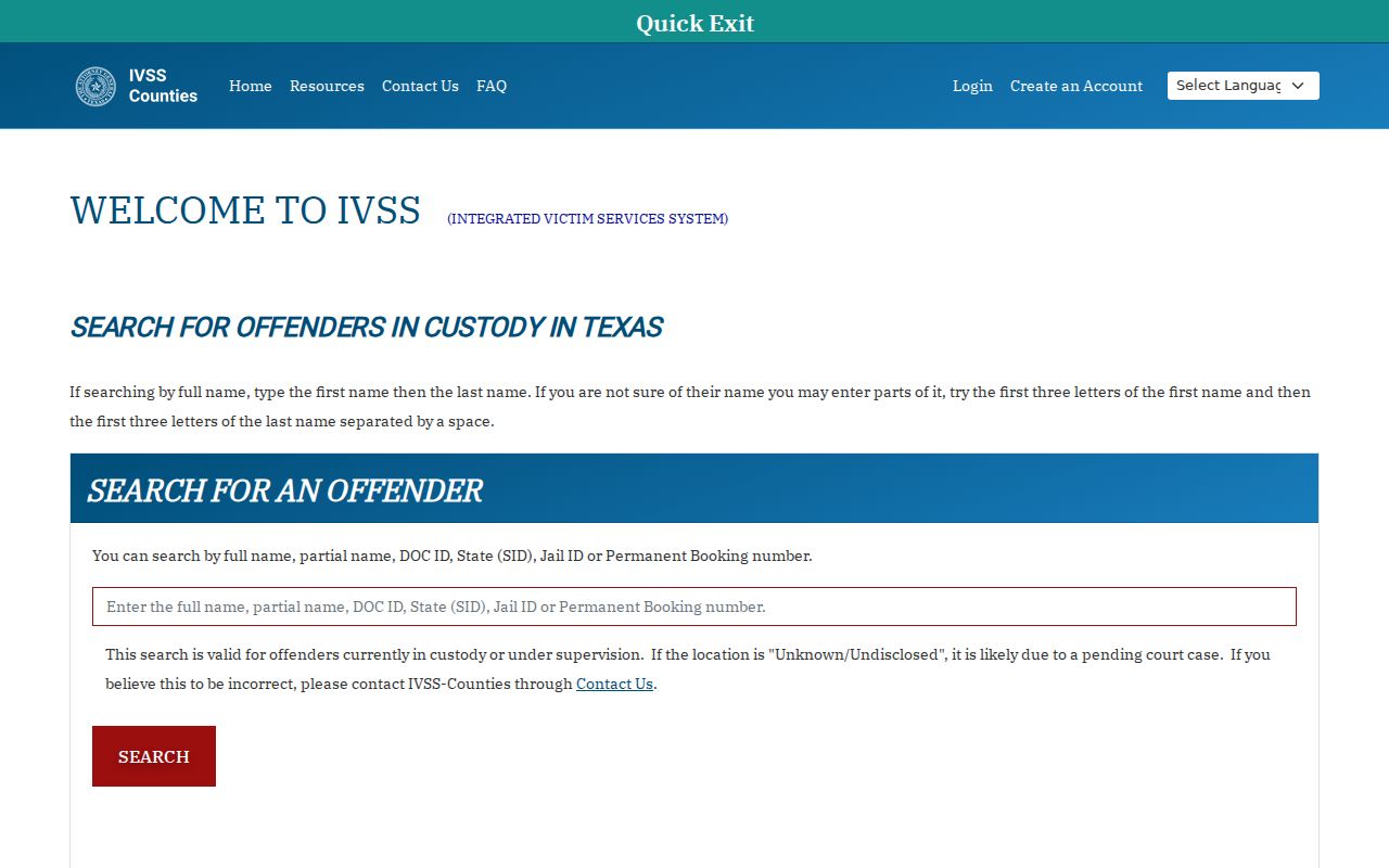 Texas IVSS custody search for Live Oak County arrest and booking alerts