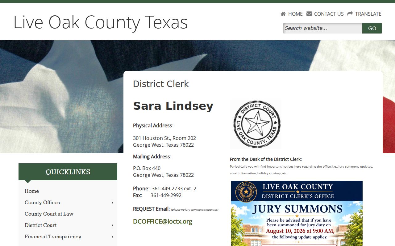 Live Oak County criminal court case records on the District Clerk page