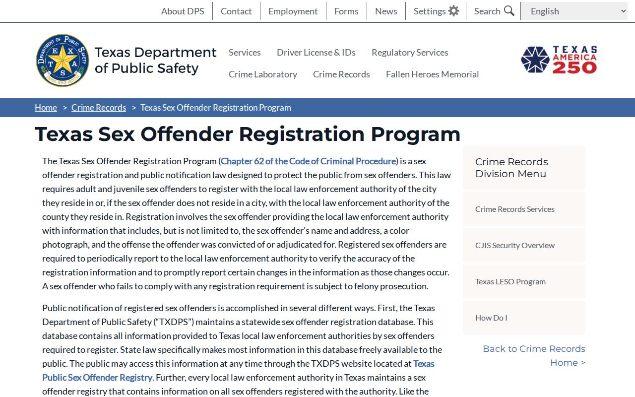 Texas DPS program explanation for Live Oak County registry records