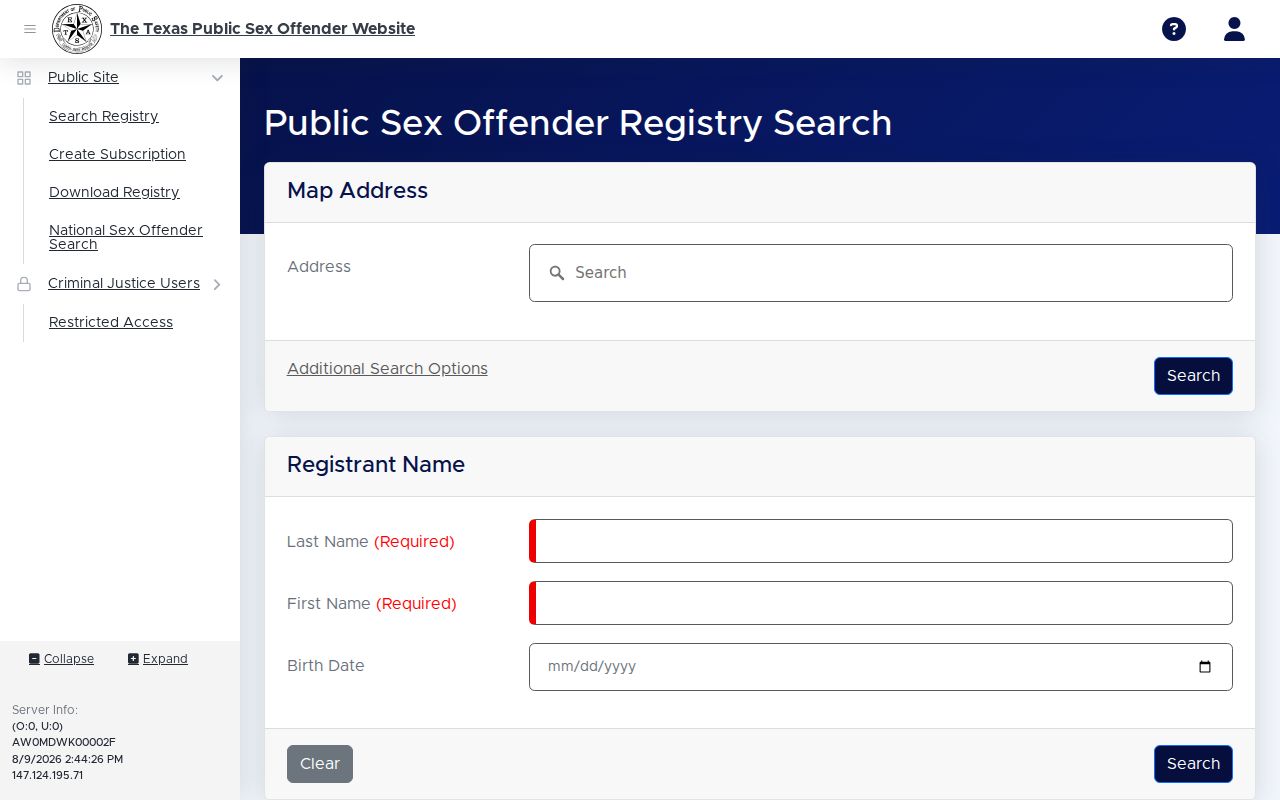 Texas DPS name and address fields for a Live Oak County registry search