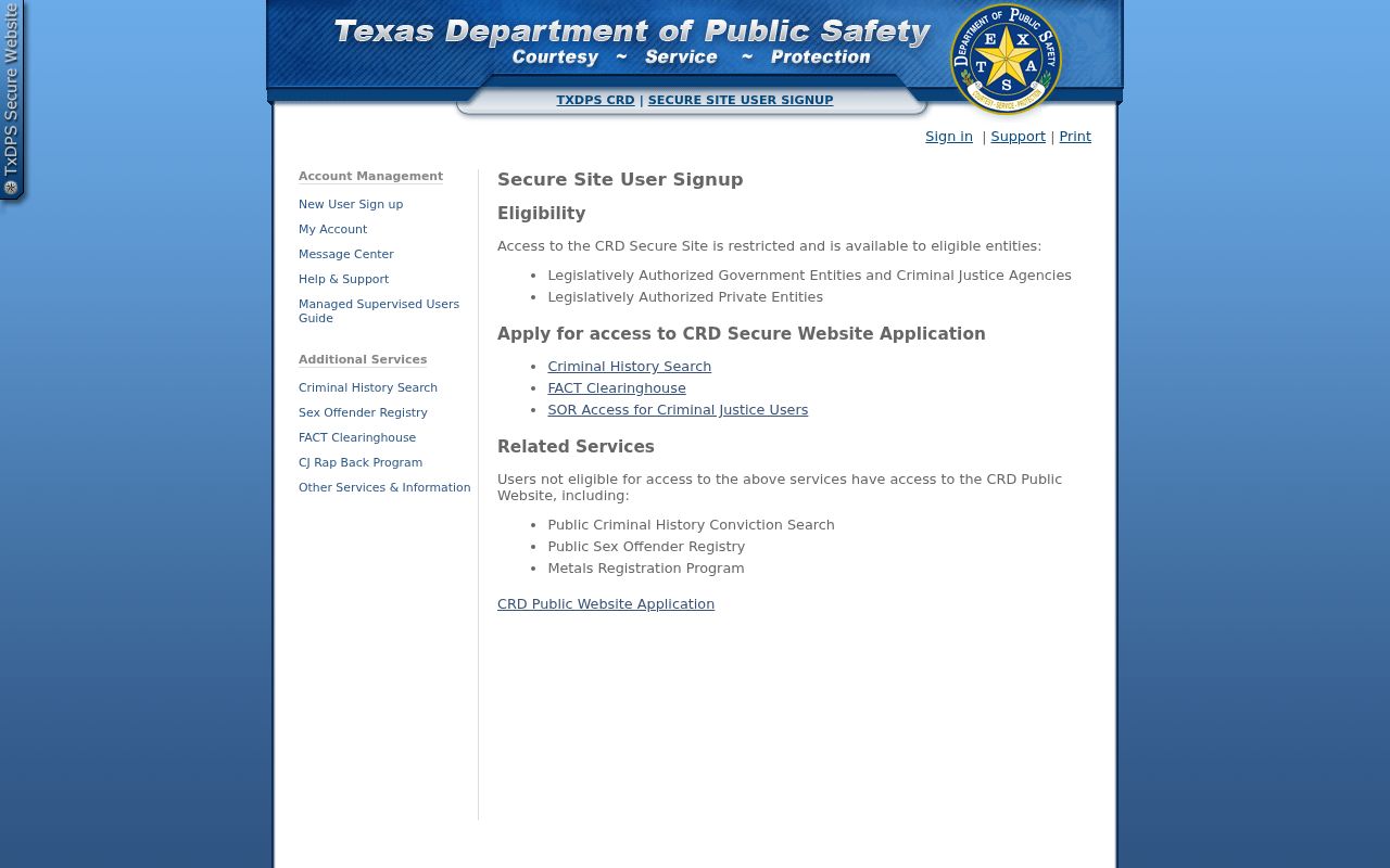Live Oak County criminal record DPS account signup interface